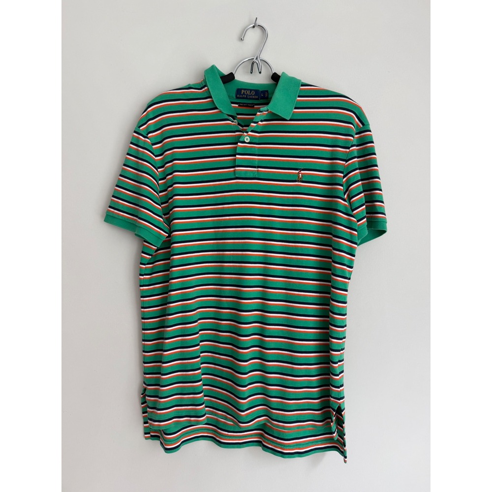 Polo Ralph Lauren Mens Large Green Orange Striped Pima Soft Touch Polo Shirt